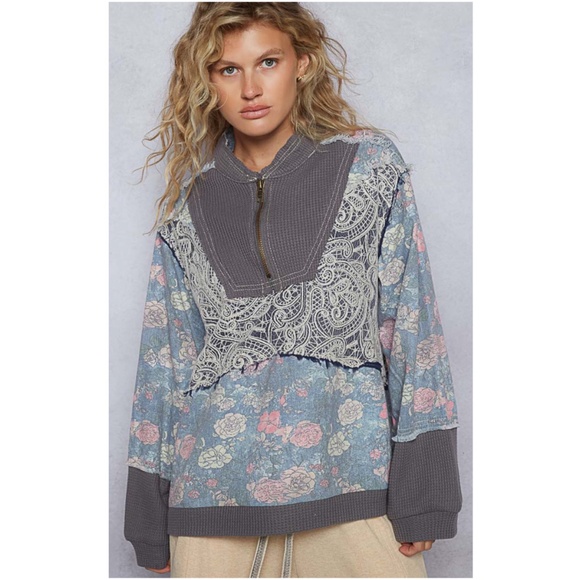 POL Floral Print Paisley Lace Half Zip Waffle Knit Long Sleeve Top - Picture 1 of 7